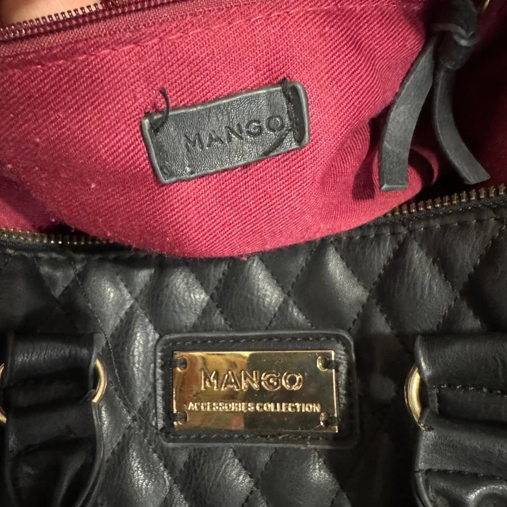 Mango Quilted Black Faux Leather Satchel Handbag Gold Hardware Crossbody Strap‎